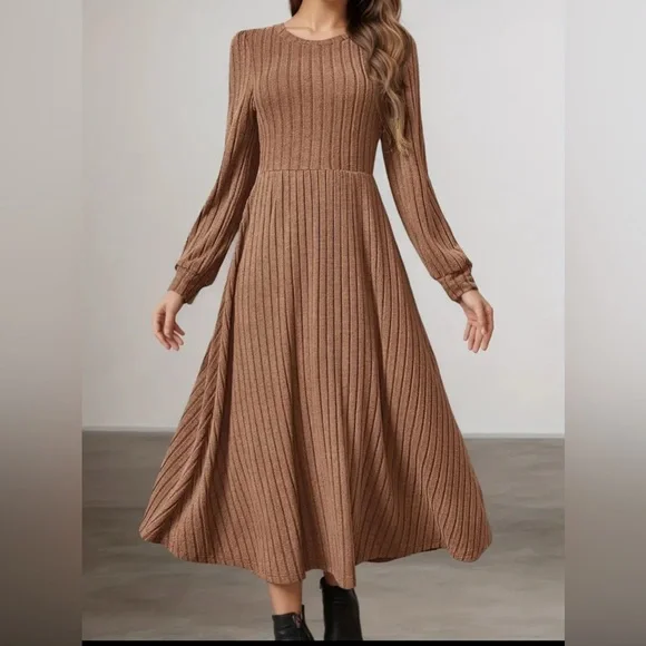 Elegant Brown Ribbed Knit Dress - Picture 5 of 7